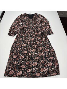 Primark Dress Women's 12 Black Floral Polyester Chiffon Maxi Smocked Side Slit